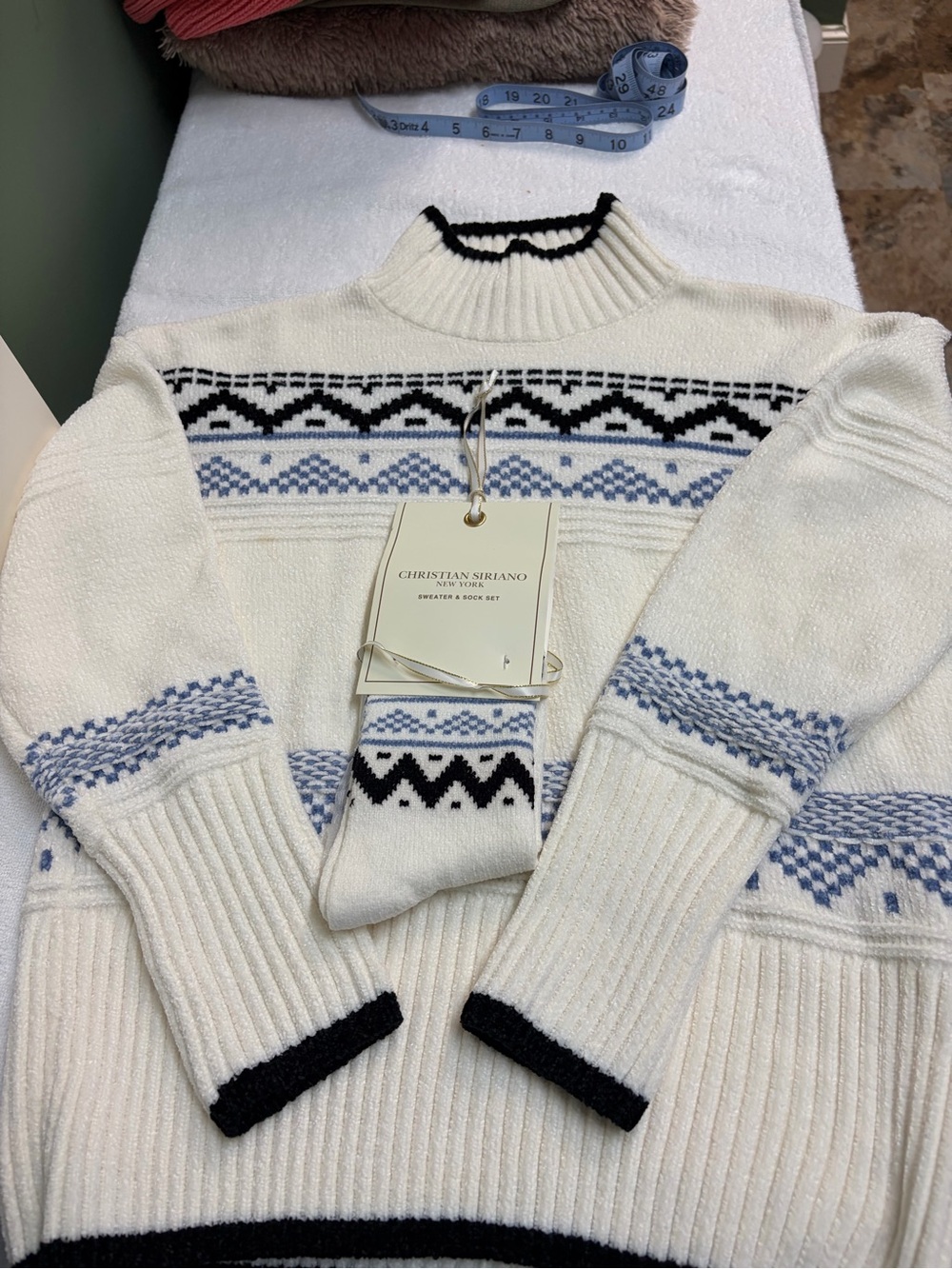 Christian Siriano White Fair Isle Mock Neck Sweater